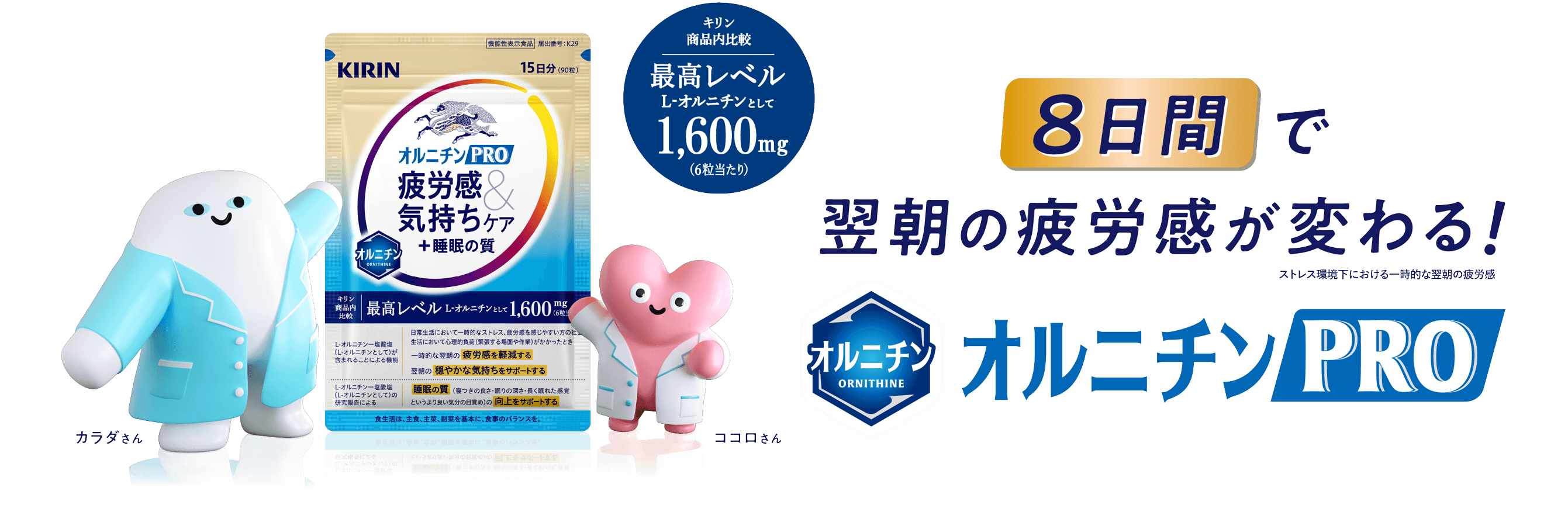 オルニチンPRO 8日間で翌朝の疲労感が変わる! ストレス環境下における一時的な翌朝の疲労感 キリン 商品内比較 最高レベルL-オルニチンとして1,600mg（6粒当たり）