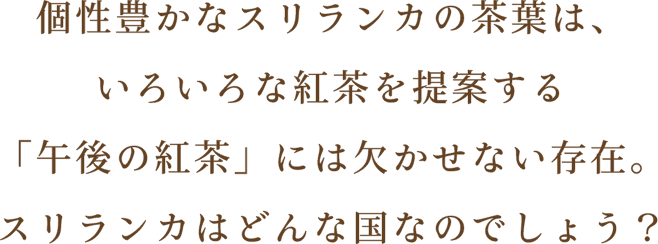 個性豊かなスリランカの茶葉は、いろいろな紅茶を提案する「午後の紅茶」には欠かせない存在。スリランカはどんな国なのでしょう？