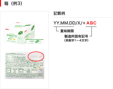 箱（例3）の画像と記載例です。背面にYY.MM.DD/X/の形式で賞味期限、その後ろに/X(Xは英数字を想定)/を挟んで製造固有記号(英数字1～4文字)が表示されています。