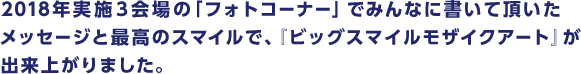 2018年実施3会場の「フォトコーナー」でみんなに書いて頂いたメッセージと最高のスマイルで、『ビッグスマイルモザイクアート』が出来上がりました。