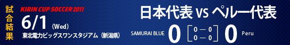 KIRIN CUP SOCCER 2011試合結果　6/1（Wed)　東北電力ビッグスワンスタジアム（新潟県）日本代表0-0ペルー代表