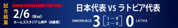 KIRIN CHALLENGE CUP 2013　試合結果　2/6（Wed)　ホームズスタジアム神戸（兵庫県）日本代表 3-0 ラトビア代表