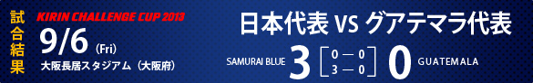 KIRIN CHALLENGE CUP 2013　試合結果　9月6日（金曜日)　大阪長居スタジアム（大阪府）　日本代表 3-0 グアテマラ代表