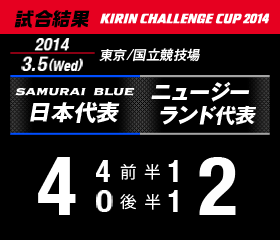 試合結果　KIRIN CHALLENGE CUP 2014　東京/国立競技場　2014年3月5日（水曜日）　日本代表 対 ニュージーランド代表　4：2