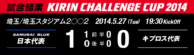 試合結果　KIRIN CHALLENGE CUP 2014　埼玉/埼玉スタジアム2○○2　2014年5月27日（火曜日）　日本代表 対 キプロス代表　1：0