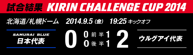 試合結果　KIRIN CHALLENGE CUP 2014　北海道/札幌ドーム　2014年9月5日（金曜日）　日本代表 対 ウルグアイ代表　0：2