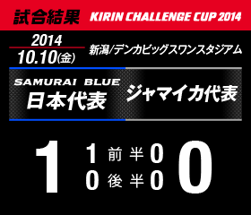 試合結果　KIRIN CHALLENGE CUP 2014　新潟/デンカビッグスワンスタジアム　2014年10月10日（金曜日）　日本代表 対 ジャマイカ代表　1：0