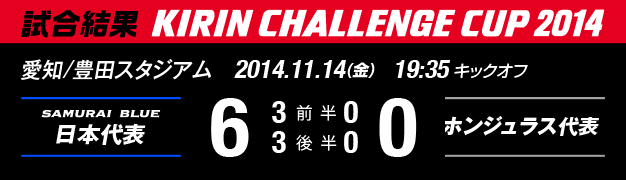 試合結果　KIRIN CHALLENGE CUP 2014　愛知/豊田スタジアム　11月14日（金曜日）　日本代表 対 ホンジュラス代表　6：0
