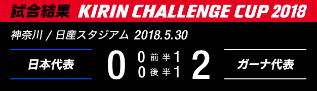 試合結果　KIRIN CHALLENGE CUP 2018　神奈川/日産スタジアム　2018年5月30日　日本代表 対 ガーナ代表　0：2