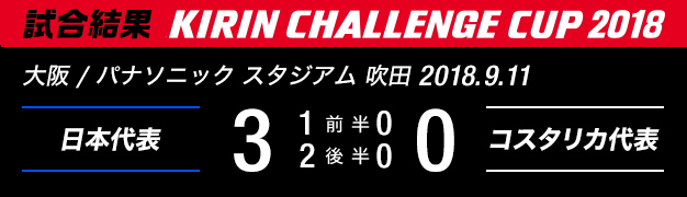試合結果　KIRIN CHALLENGE CUP 2018　大阪/パナソニック スタジアム 吹田　2018年9月11日　日本代表 対 コスタリカ代表　3：0