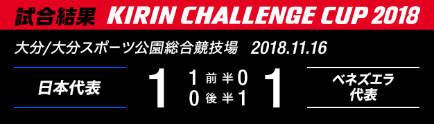 試合結果　KIRIN CHALLENGE CUP 2018　大分/大分スポーツ公園総合競技場　2018年11月16日　日本代表 対 ベネズエラ代表　1：1