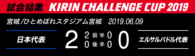 試合結果　KIRIN CHALLENGE CUP 2019　宮城/ひとめぼれスタジアム宮城　2019年6月9日　日本代表 対 エルサルバドル代表　2：0