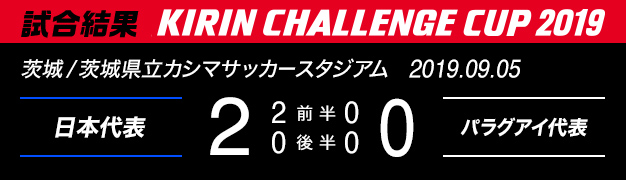 試合結果　KIRIN CHALLENGE CUP 2019　茨城/茨城県立カシマサッカースタジアム　2019年9月5日　日本代表 対 パラグアイ代表　2：0