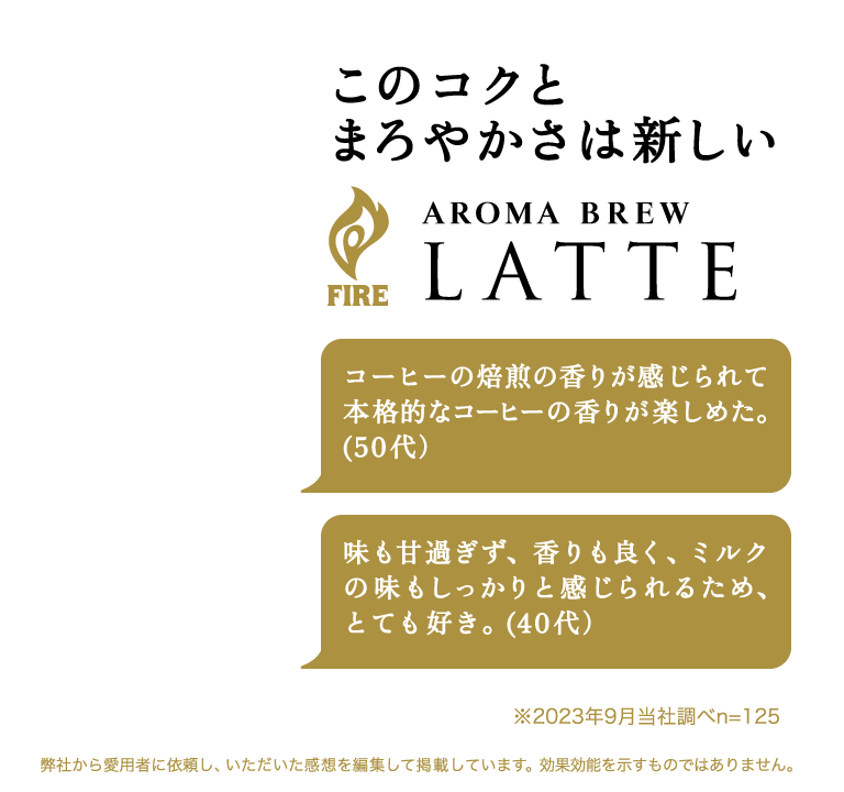 このコクとまろやかさは新しい NEW! AROMA BREW LATTE コーヒーの焙煎の香りが感じられて本格的なコーヒーの香りが楽しめた。(50代）味も甘過ぎず、香りも良く、ミルクの味もしっかりと感じられるため、とても好き。(40代）※2023年9月当社調べn=125 弊社から愛用者に依頼し、いただいた感想を編集して掲載しています。効果効能を示すものではありません。