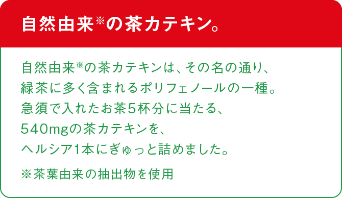 自然由来※の茶カテキン。​ 自然由来※の茶カテキンは、その名の通り、緑茶に多く含まれるポリフェノールの一種。急須で入れたお茶５杯分に当たる、540mgの茶カテキンを、ヘルシア1本にぎゅっと詰めました。 ※茶葉由来の抽出物を使用​