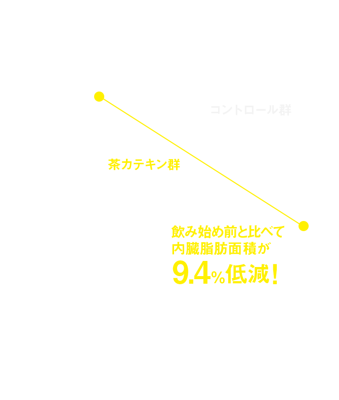 腹部内臓脂肪低減効果 摂取前からの変化量 飲み始め前と比べて内臓脂肪面積が9.4％低減！ 被験者：平均年齢41.7±9.9歳の健常男女（平均BMI 26.8±2.0kg/m²）240名／茶カテキン583mg/日を、12週間継続摂取（コントロール群は96mg/日）／腹部CT画像から計測／＊:p<0.05（コントロール群との比較）／Obesity, 15(6), 1473-1483(2007)より作図