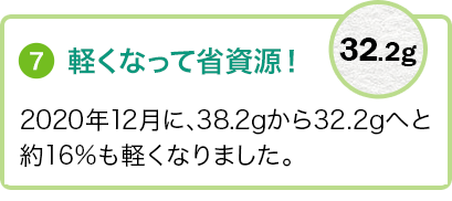 ⑦軽くなって省資源！2020年12月に、38.2gから32.2gへと約16%も軽くなりました。