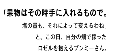 「果物はその時手に入れるもので。塩の量も、それによって変えるわね」と、この日、自分の畑で採ったロゼルを抱えるブンミーさん。