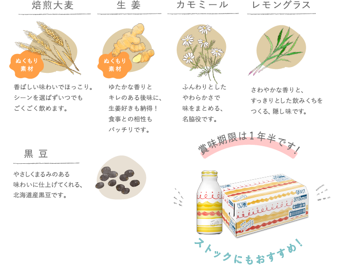 焙煎大麦 香ばしい味わいでほっこり。シーンを選ばずにいつでもごくごく飲めます。 生姜 ゆたかな香りとキレのある後味に、生姜好きも納得!食事との相性もバッチリです。 カモミール ふんわりとしたやわらかさで味をまとめる、名脇役です。 レモングラス さわやかな香りと、すっきりとした飲みくちをつくる、隠し味です。 黒豆 やさしくまるみのある味わいに仕上げてくれる、北海道産黒豆です。 賞味期限が1年半です。ストックにもおすすめ！