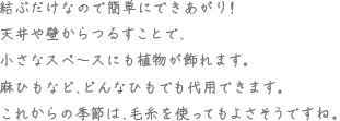 結ぶだけなので簡単にできあがり！天井や壁からつるすことで、小さなスペースにも植物が飾れます。麻ひもなど、どんなひもでも代用できます。これからの季節は、毛糸を使ってもよさそうですね。