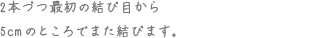 2本づつ最初の結び目から5cmのところでまた結びます。